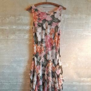 482a. pink & green Christopher & Banks floral sleeveless ruffle midi dress, 10